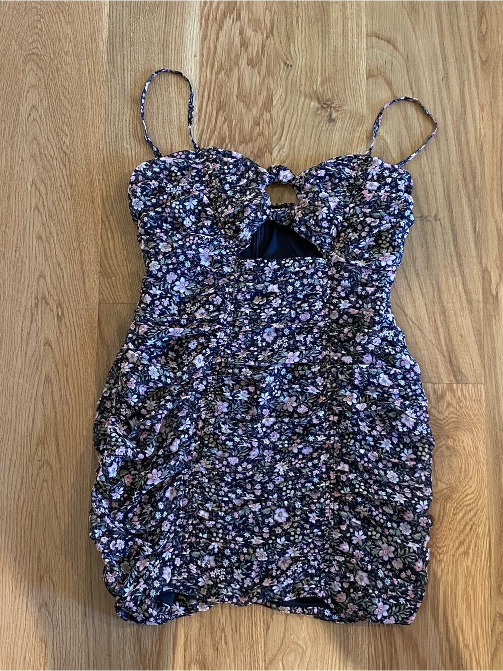 Olivaceous floral ruched cutout minidress M NWOT
